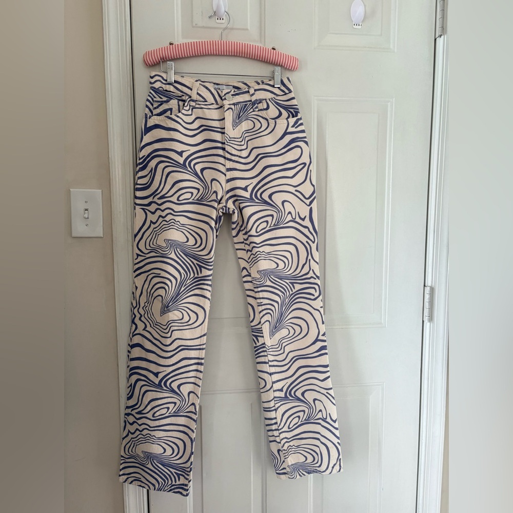Zara Cream Blue Abstract Straight Leg Denim Jeans Size 4 - Picture 7 of 13